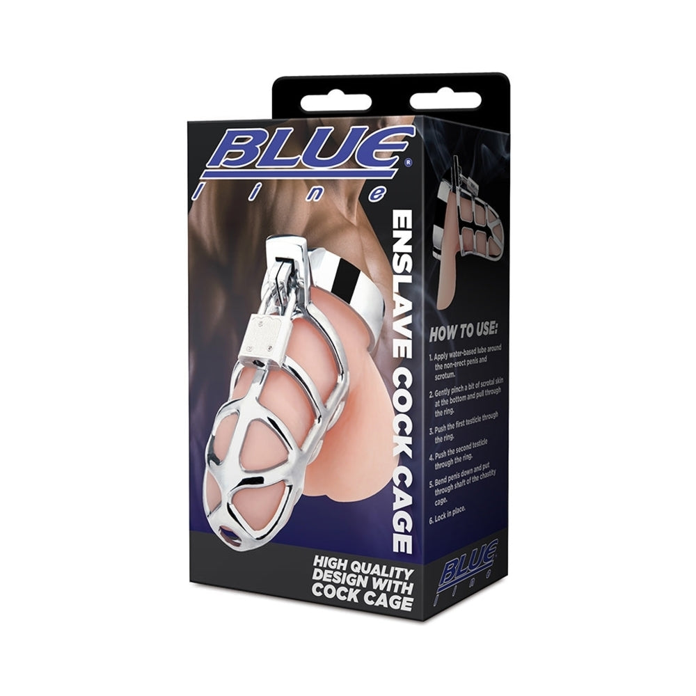 Blue Line Enslave Cock Cage – Silver Ergonomic Design with Padlock