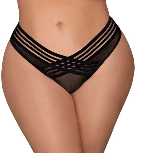 Dreamgirl Mesh Thong with Shadow Stripe Elastic Front Detail – Black – 3X