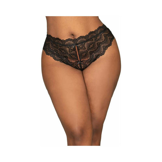 Dreamgirl Lace Tanga Open-Crotch Panty with Elastic Open Back Detail - Black - 3X