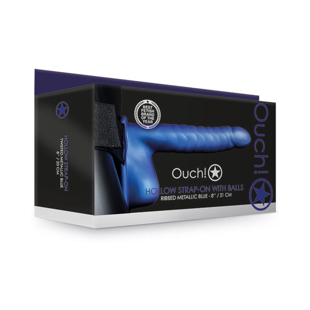 Ouch! Hollow Strap-On with Balls – Curved & Ribbed – Metallic Blue