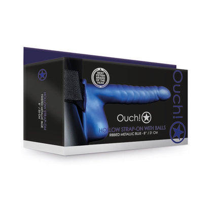 Ouch! Hollow Strap-On with Balls – Curved & Ribbed – Metallic Blue