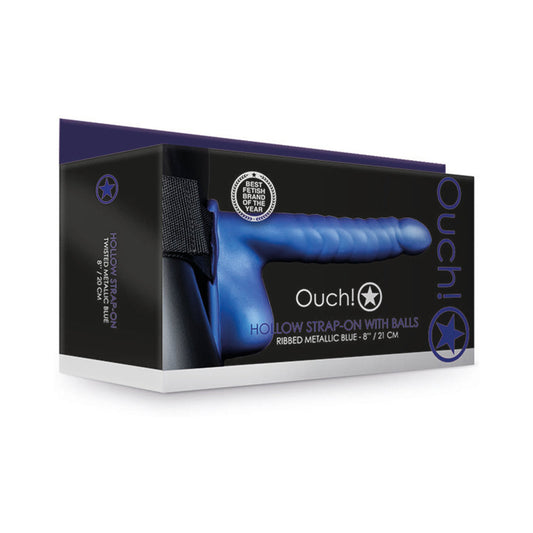 Ouch! Hollow Strap-On with Balls – Curved & Ribbed – Metallic Blue