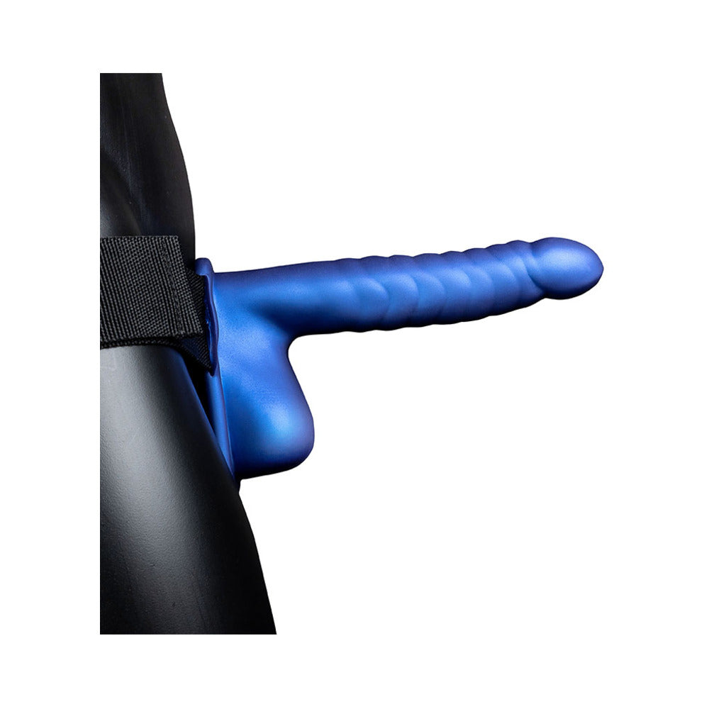 Ouch! Hollow Strap-On with Balls – Curved & Ribbed – Metallic Blue
