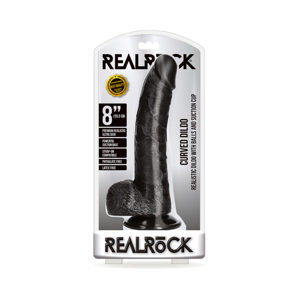 RealRock 8 in. Curved Dildo with Balls and Suction Cup - Black