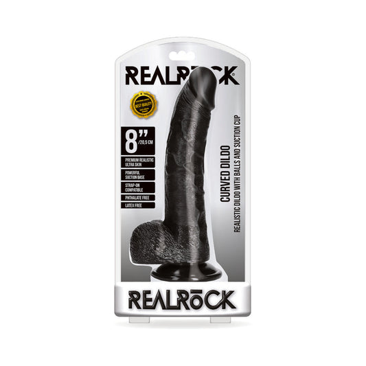 RealRock 8 in. Curved Dildo with Balls and Suction Cup - Black