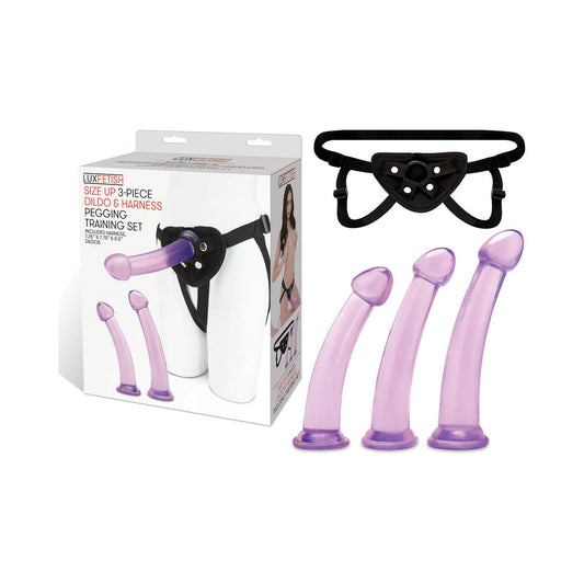 Lux Fetish Size Up 3-Piece Dildo & Harness Pegging Training Set - Purple