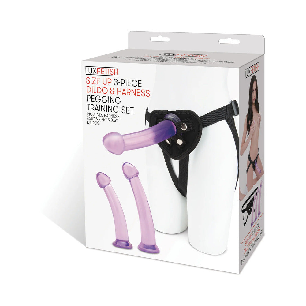Lux Fetish Size Up 3-Piece Dildo & Harness Pegging Training Set - Purple