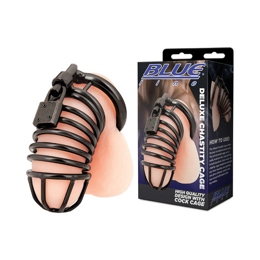 Blue Line Deluxe Chastity Cage - Ergonomic Stainless Steel Design - Black