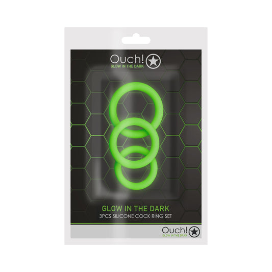 Ouch! Glow in the Dark 3-Piece Silicone Cockring Set – Neon Green