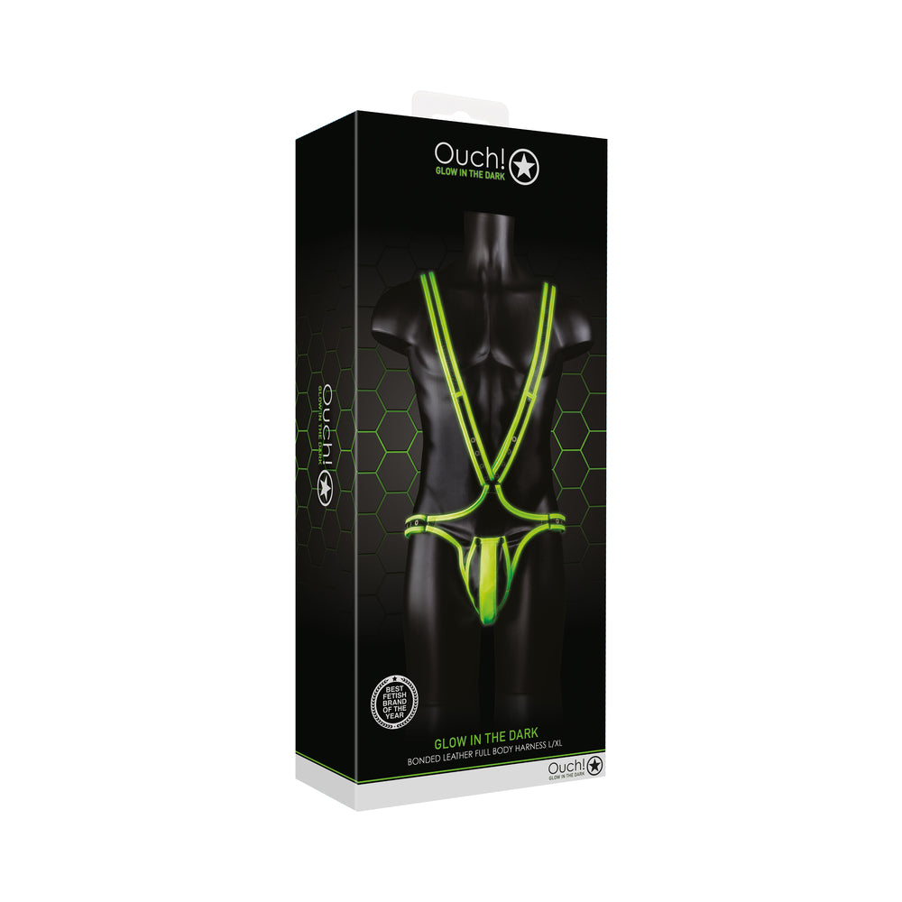 Ouch! Glow in the Dark Bonded Leather Full-Body Harness – Neon Green L/XL