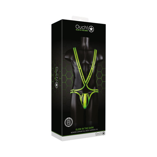 Ouch! Glow in the Dark Bonded Leather Full-Body Harness – Neon Green L/XL