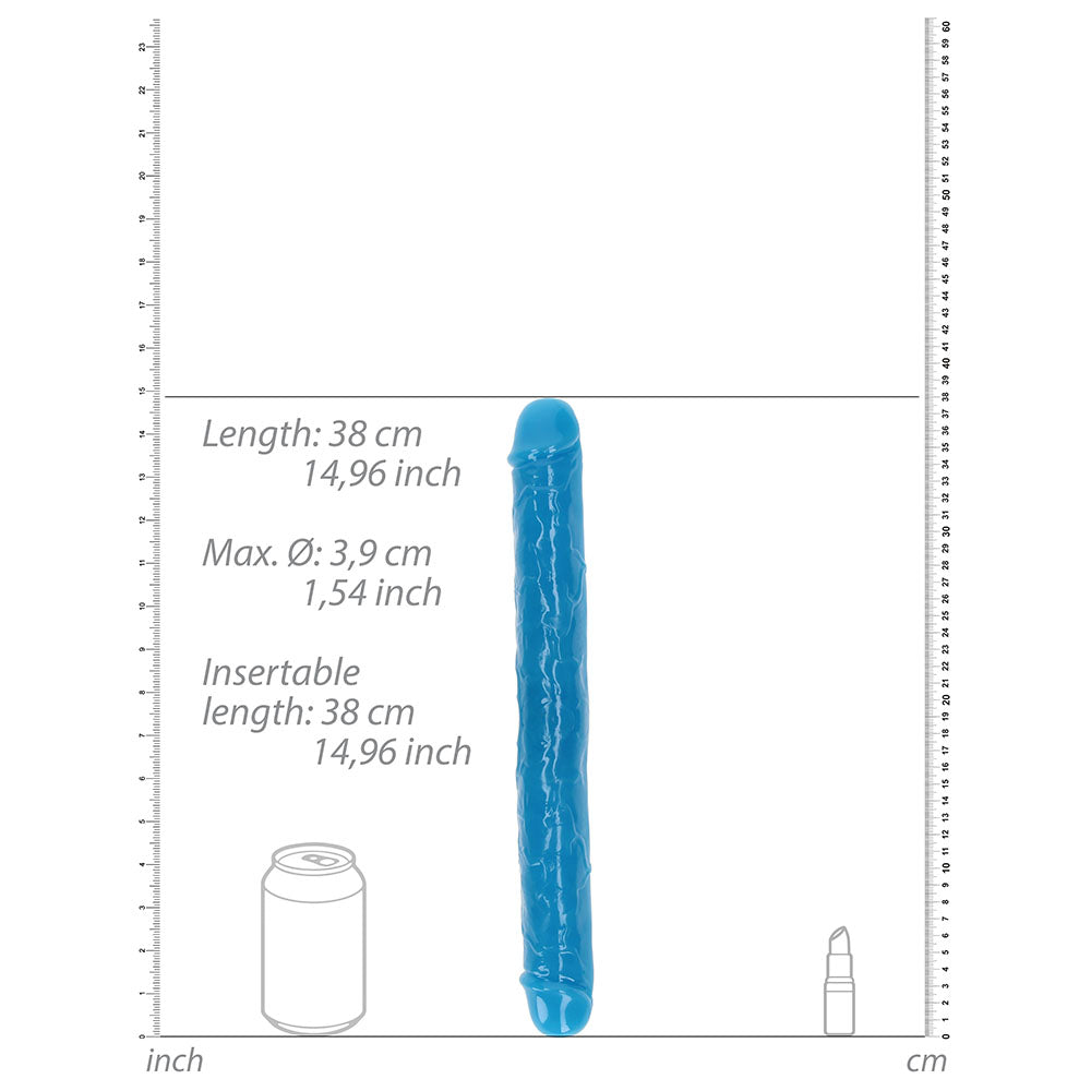 RealRock Glow in the Dark Double Dong 15 in. Dual-Ended Dildo – Neon Blue