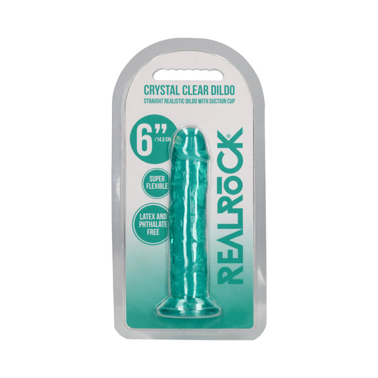 RealRock Crystal Clear 6 in. Dildo with Suction Base - Turquoise