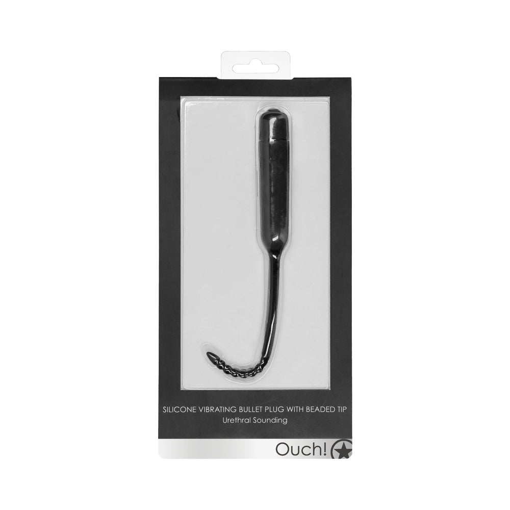 Ouch! Urethral Sounding Silicone Vibrating Bullet Plug with Beaded Tip - Black