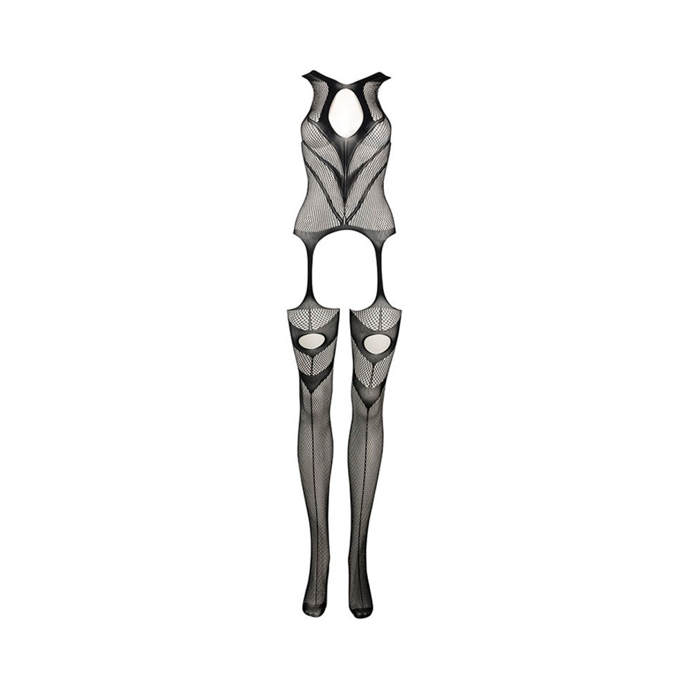 Le Desir Suspender Bodystocking – High-Neck Fishnet in Black