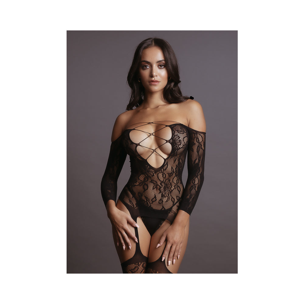 Le Desir Deep-V Criss-Cross Bodystocking – Black – O/S