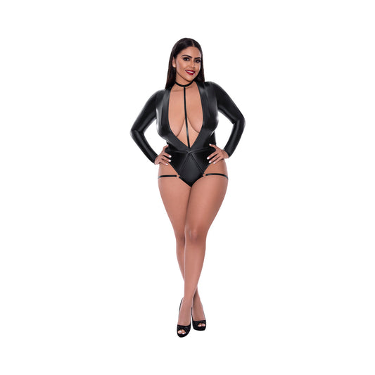 Magic Silk Liquid Onyx Long Sleeve Teddy with Harness Caging - Black Queen