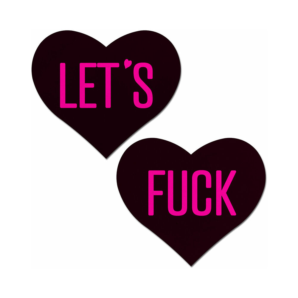 Pastease Love: Let's Fuck Black Heart Nipple Pasties - Black on Neon Pink Base