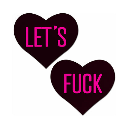 Pastease Love: Let's Fuck Black Heart Nipple Pasties - Black on Neon Pink Base