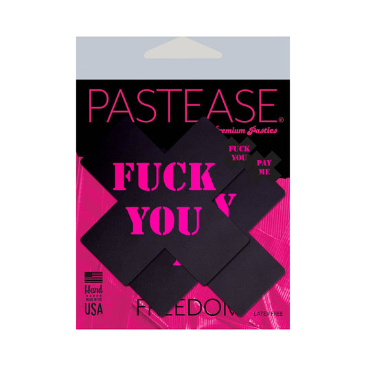 Pastease Plus X Cross Nipple Pasties – Black with Pink Text