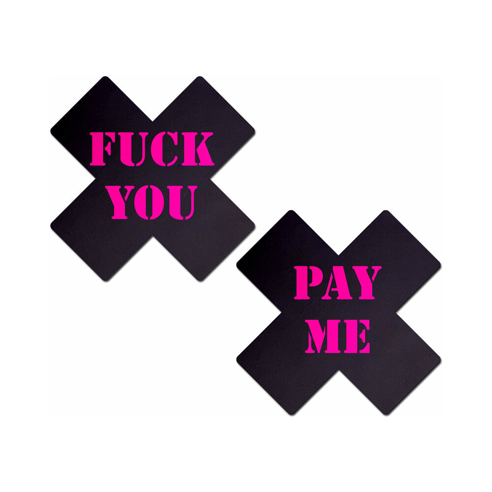 Pastease Plus X Cross Nipple Pasties – Black with Pink Text