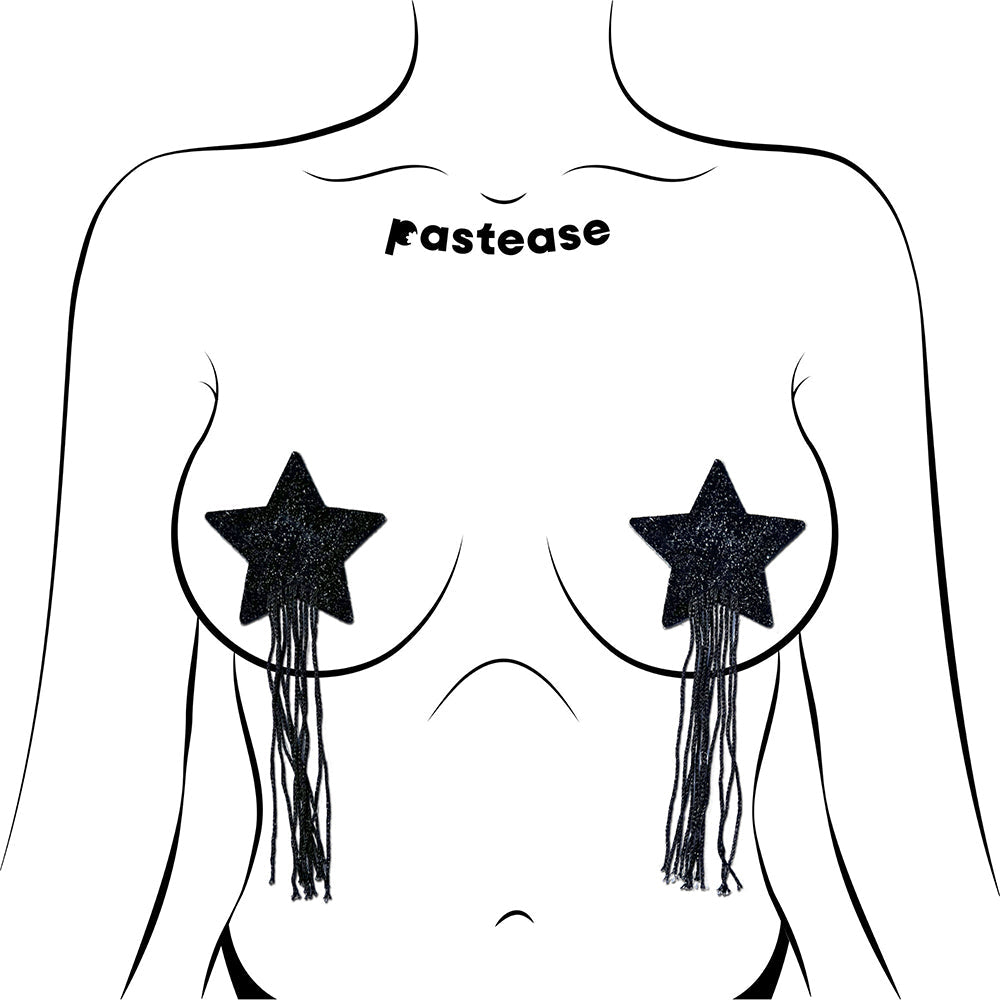 Pastease Black Sparkle Star Nipple Pasties with Long Fringe