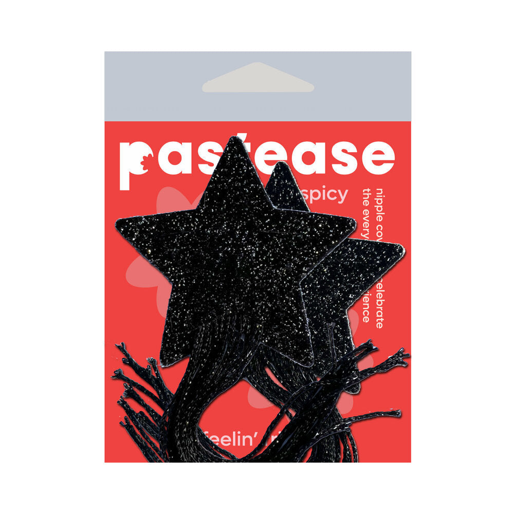Pastease Black Sparkle Star Nipple Pasties with Long Fringe