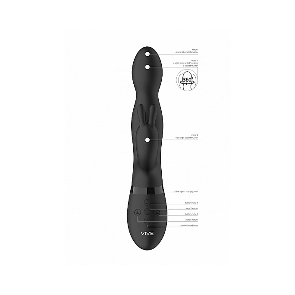 VIVE NIVA Rechargeable 360° Rotating Silicone Rabbit Vibrator - Black