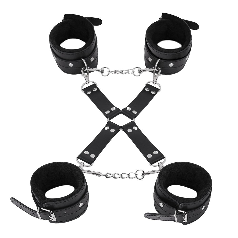 Male Power All 4's Fuzzy Cuff Set – Adjustable Leather Cuffs with Faux Fur Lining – Black
