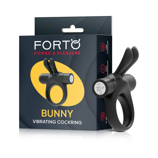 Forto Bunny Rechargeable Silicone Vibrating Cockring with Stimulating Ears - Black