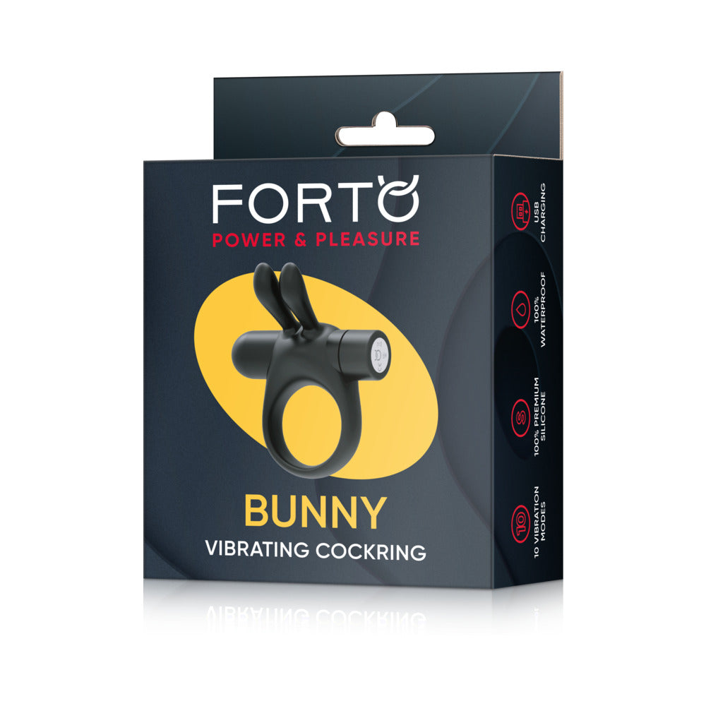 Forto Bunny Rechargeable Silicone Vibrating Cockring with Stimulating Ears - Black
