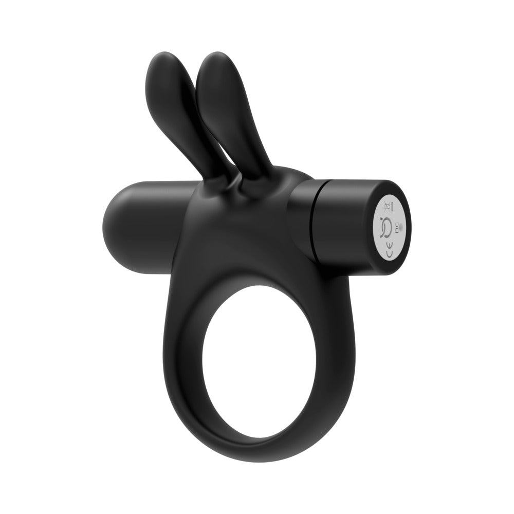Forto Bunny Rechargeable Silicone Vibrating Cockring with Stimulating Ears - Black