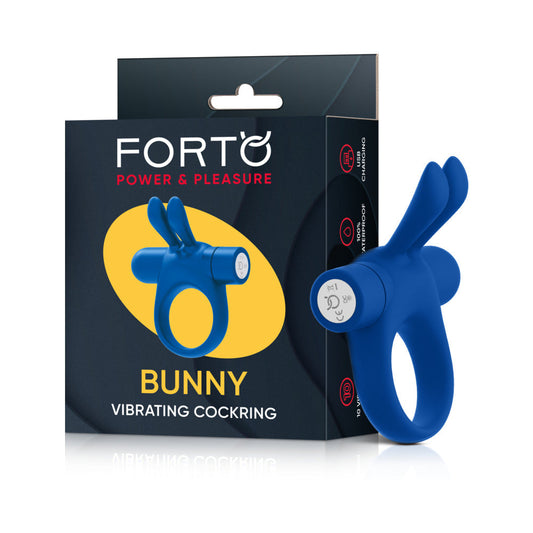 Forto Bunny Rechargeable Silicone Vibrating Cockring with Stimulating Ears – Blue