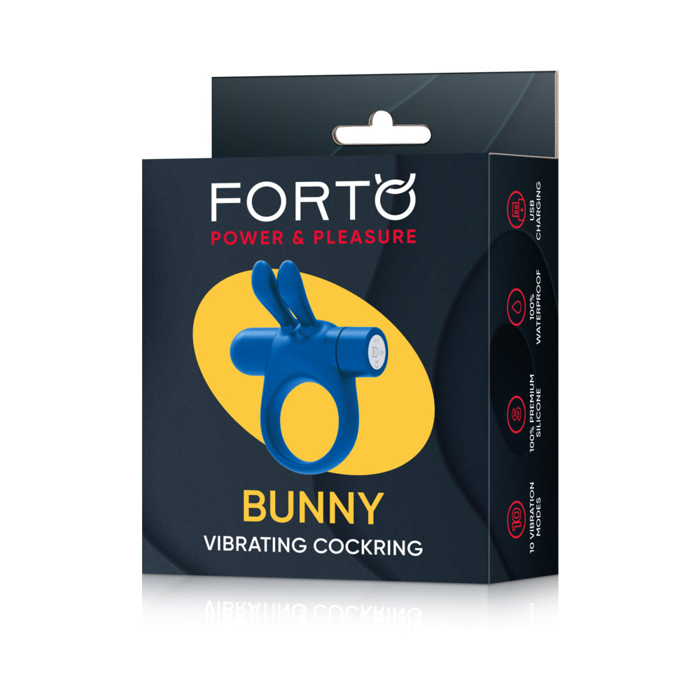 Forto Bunny Rechargeable Silicone Vibrating Cockring with Stimulating Ears – Blue