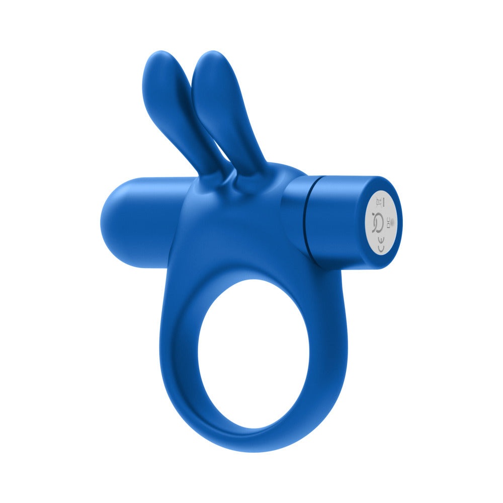 Forto Bunny Rechargeable Silicone Vibrating Cockring with Stimulating Ears – Blue