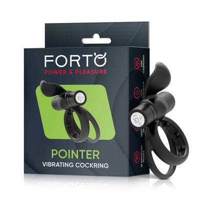 Forto Pointer Rechargeable Silicone Vibrating Dual Cockring with External Stimulator - Black