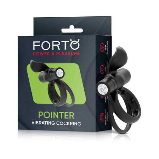 Forto Pointer Rechargeable Silicone Vibrating Dual Cockring with External Stimulator - Black