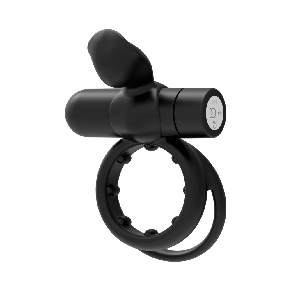 Forto Pointer Rechargeable Silicone Vibrating Dual Cockring with External Stimulator - Black