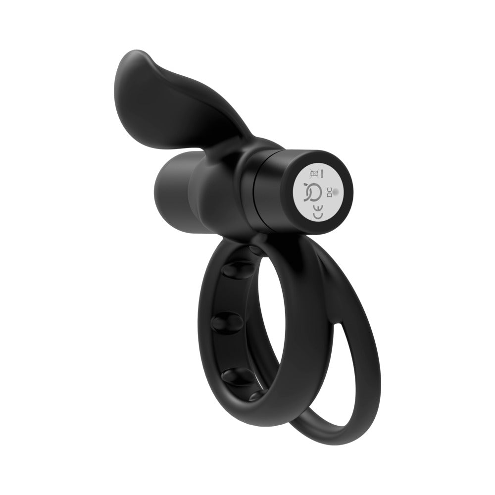 Forto Pointer Rechargeable Silicone Vibrating Dual Cockring with External Stimulator - Black