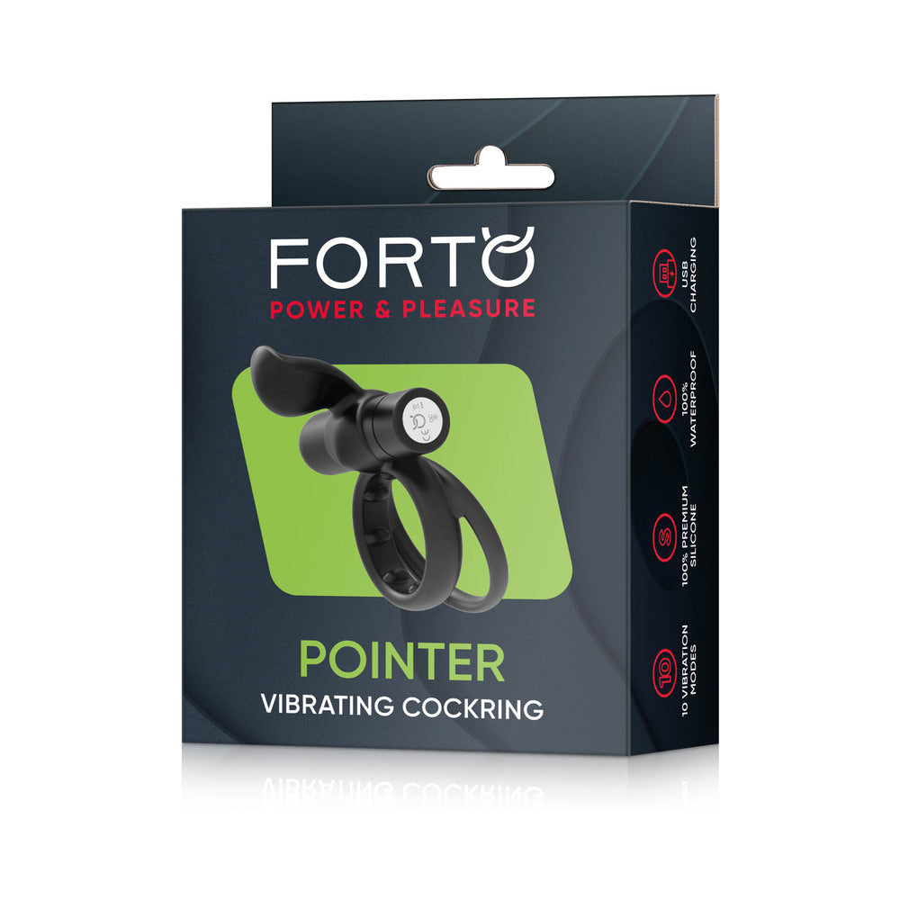 Forto Pointer Rechargeable Silicone Vibrating Dual Cockring with External Stimulator - Black