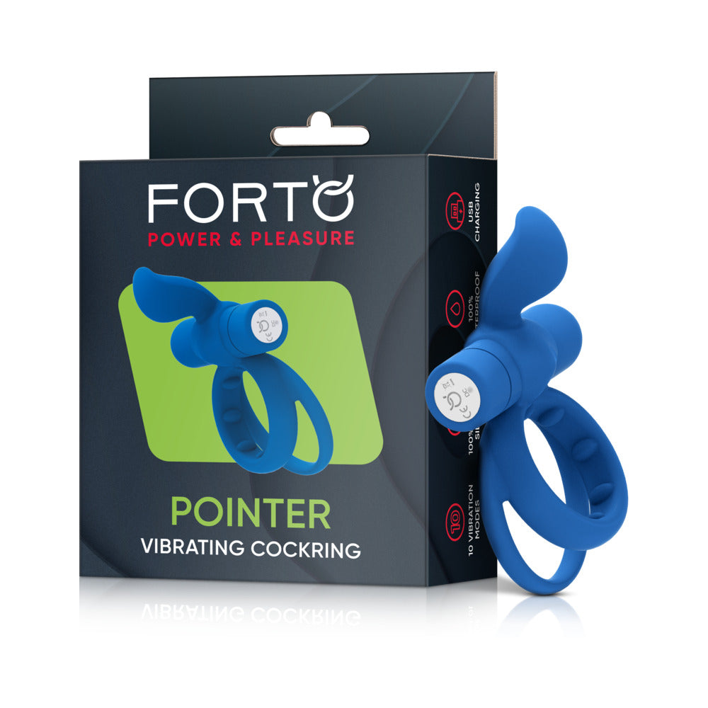Forto Pointer Rechargeable Silicone Vibrating Dual Cockring with External Stimulator – Blue
