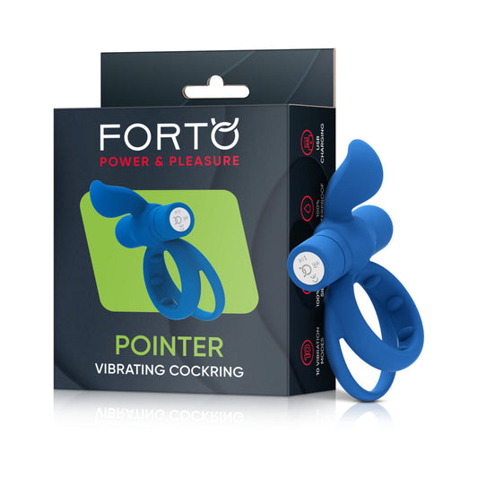 Forto Pointer Rechargeable Silicone Vibrating Dual Cockring with External Stimulator – Blue