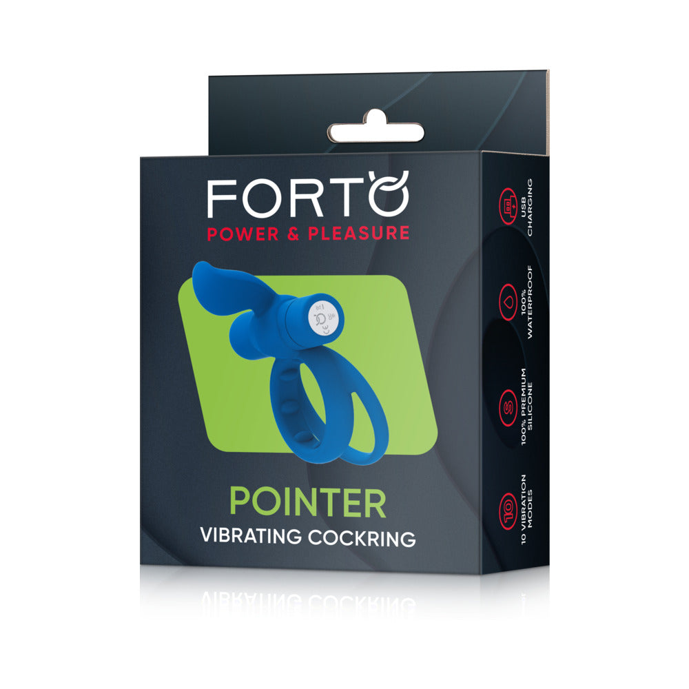 Forto Pointer Rechargeable Silicone Vibrating Dual Cockring with External Stimulator – Blue