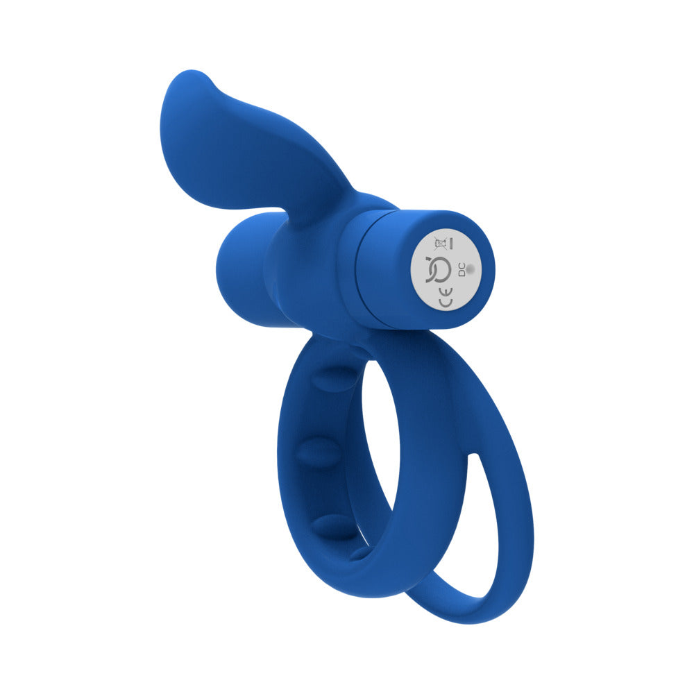 Forto Pointer Rechargeable Silicone Vibrating Dual Cockring with External Stimulator – Blue