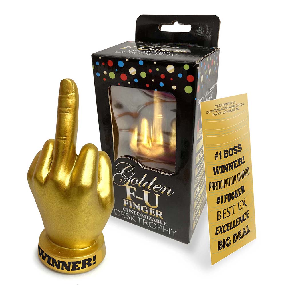 Little Genie Golden F-U Finger Trophy – Customizable Award – 6 Inch – Gold
