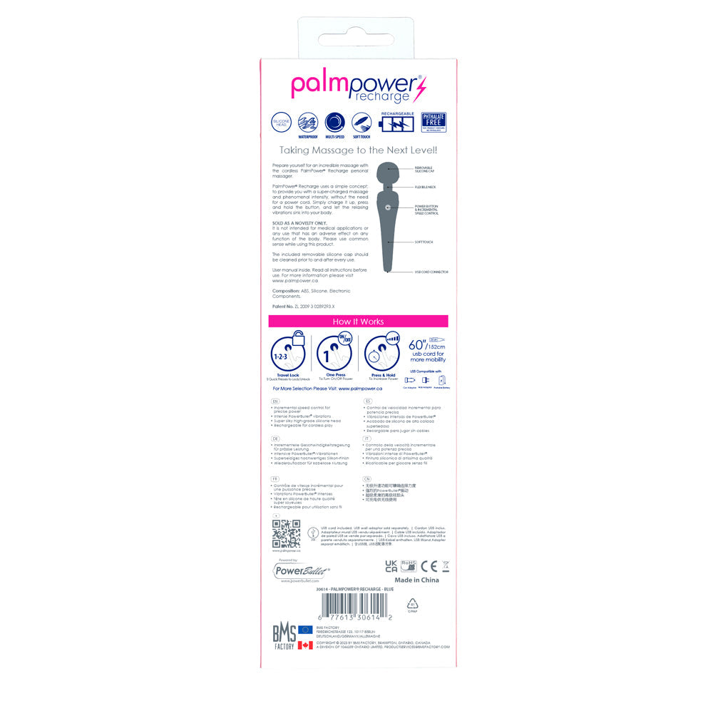 BMS PalmPower Recharge Massager – Cordless, USB Rechargeable, Blue