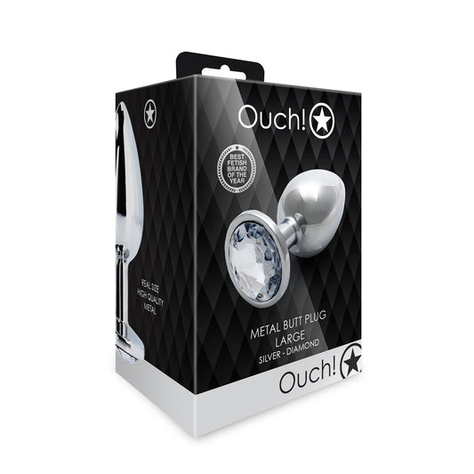 Ouch! Round Gem Butt Plug Large - Silver/Diamond - Aluminum with Jewel-Encrusted Base