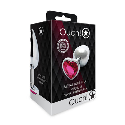 Ouch! Heart Gem Butt Plug Medium - Silver with Rubellite Pink Jewel