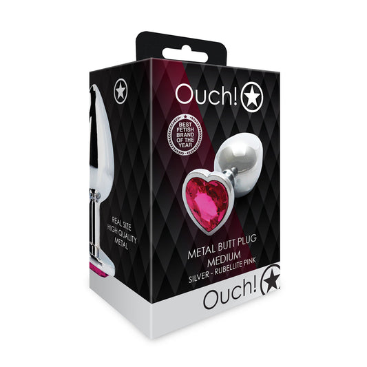 Ouch! Heart Gem Butt Plug Medium - Silver with Rubellite Pink Jewel