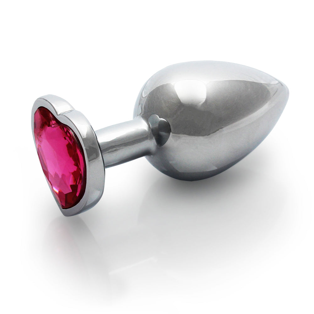 Ouch! Heart Gem Butt Plug Medium - Silver with Rubellite Pink Jewel